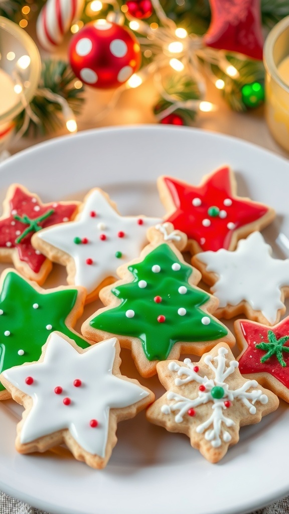 Decorated Christmas sugar cookies in festive shapes on a plate with Christmas lights in the background.